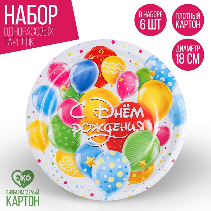 Тарелка одноразовая бумажная С днем рождения, шары, (18 см) , набор 6 шт тарелка бумажная шары 18 см набор 6 шт