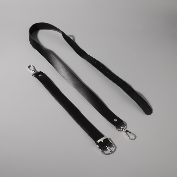 Ручка для сумки натуральная кожа 125*2,5см чёрный/серебряный 2 карабина АУ