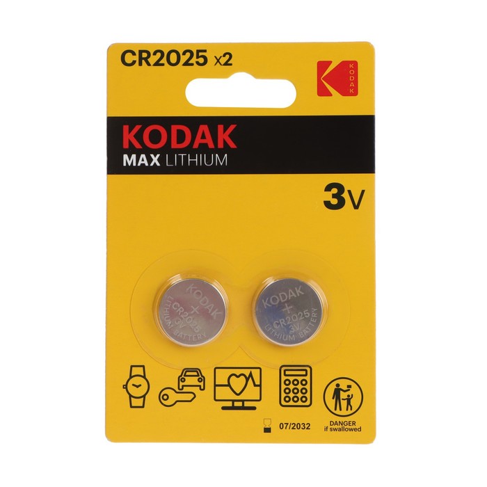 Батарейка литиевая Kodak, CR2025-2BL, 3В, блистер, 2 шт. батарейка литиевая duracell cr2025 2bl 3в блистер 2 шт