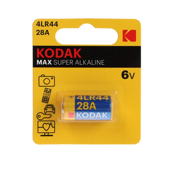 цена Батарейка алкалиновая Kodak Max Super, 28A (K28A-1/4LR44) -1BL, 6В, блистер, 1 шт.