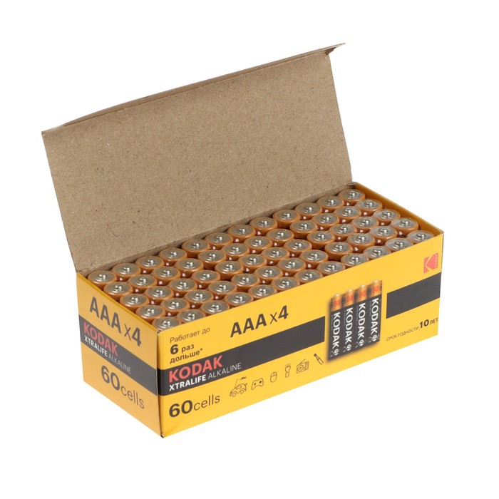 Батарейка алкалиновая Kodak Xtralife, AAA, LR03-60BOX, 1.5В, бокс, 60 шт. батарейка алкалиновая kodak max aaa lr03 24box 1 5в бокс 24 шт