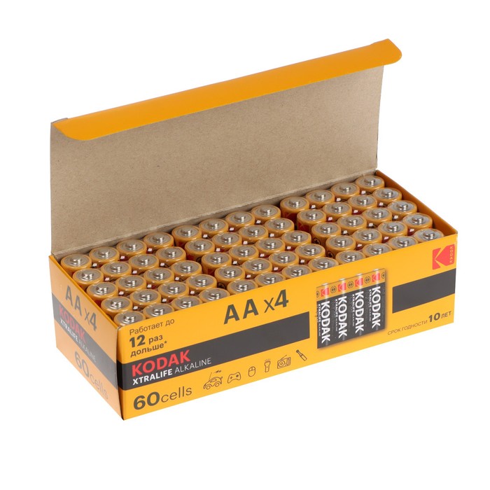 Батарейка алкалиновая Kodak Xtralife, AA, LR6-60BOX, 1.5В, бокс, 60 шт. батарейка алкалиновая kodak xtralife aa lr6 12bl 1 5в блистер 12 шт
