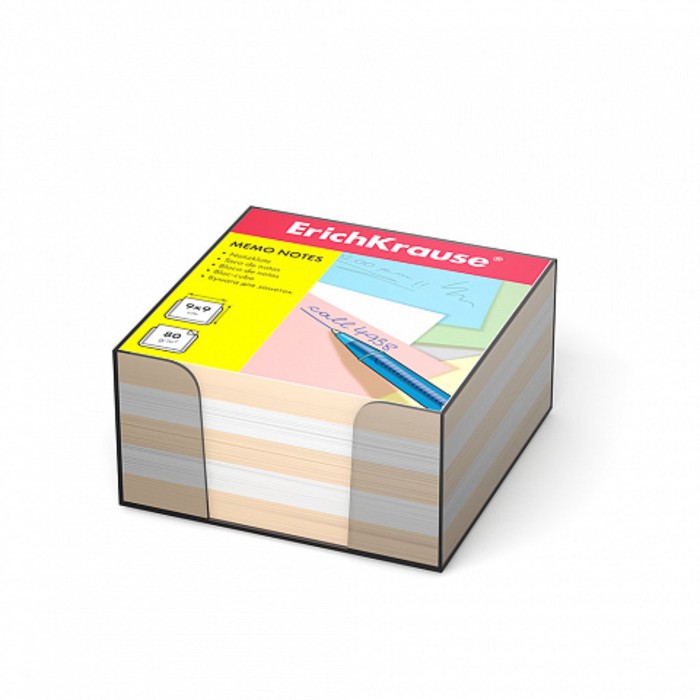 Блок бумаги для записей ErichKrause, 9 x 9 x 5 см, в пластиковом боксе, люкс, белый/персиковый блок бумаги для записей стамм офис 9 x 9 x 5 см в прозрачном пластиковом боксе 65 г м2 цветной