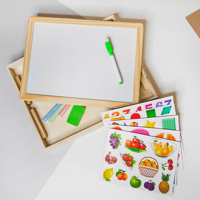 Конструктор магнитный &quot;Цифры&quot; в деревянной коробке + мел, маркер, губка