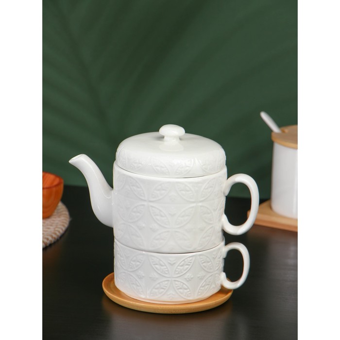 Набор фарфоровый чайный на бамбуковой подставке BellaTenero «Орнамент», 2 предмета: чайник 400 мл, кружка 280 мл, цвет белый набор чайный керамика 2 предмета на 1 персону 280 мл daniks bliss