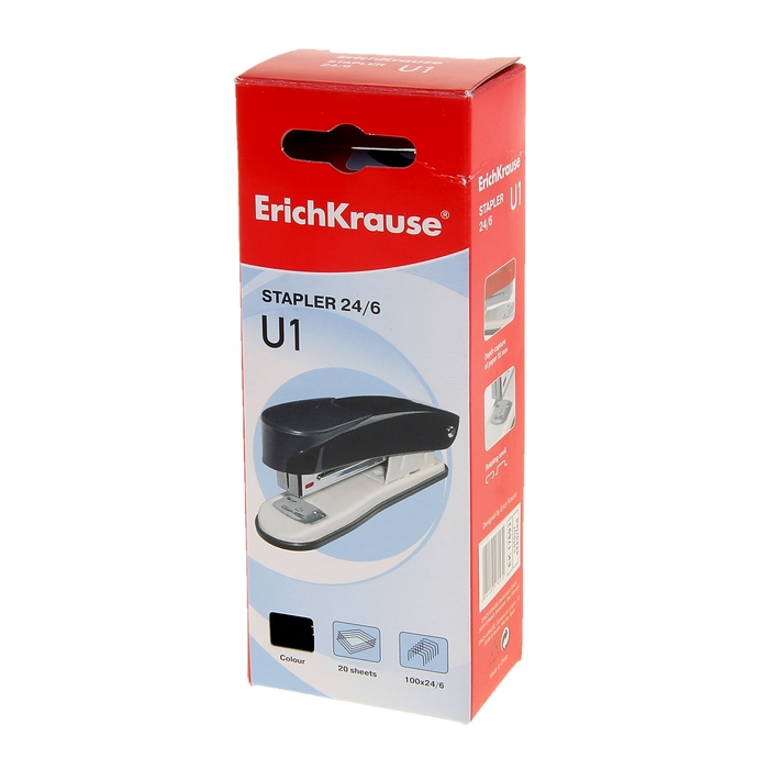 Степлер №24/6, 26/6 до 30 листов Erich Krause U1, вмещает до 100 скоб, глубина закладки бумаги до 60мм, микс