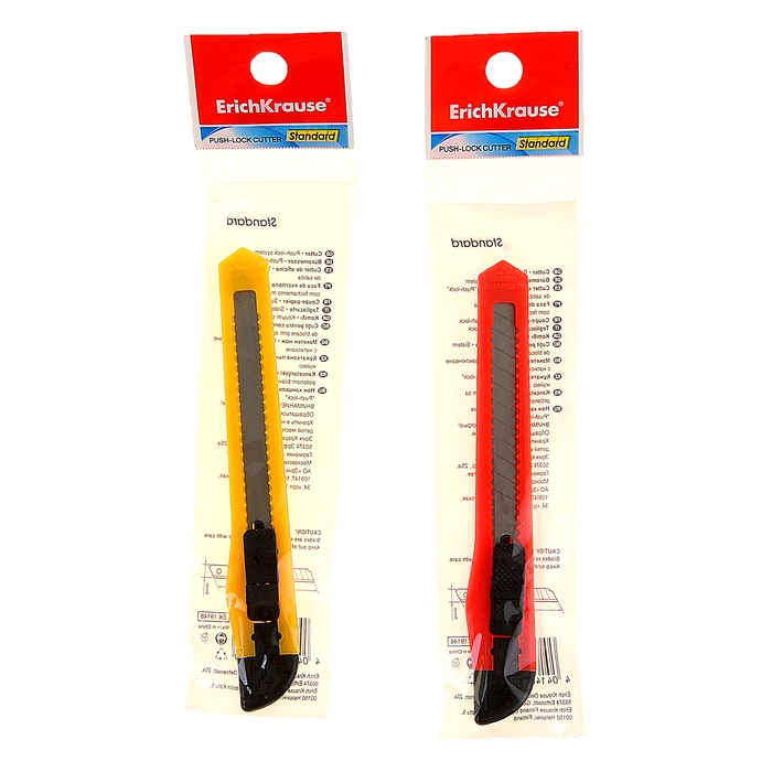Нож канцелярский 9мм Erich Krause STANDARD, с системой фиксации лезвия push-lock и насадкой для безопасного отделения сегмента лезвия, микс