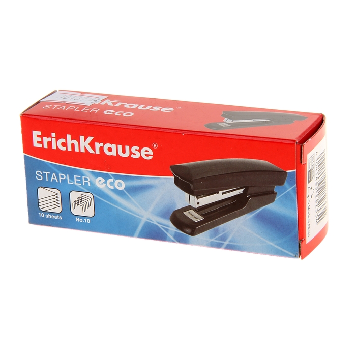 Степлер №10 до 20 листов Erich Krause ECO, черный, встроенный антистеплер, вмещает до 50 скоб, глубина закладки бумаги до 50мм