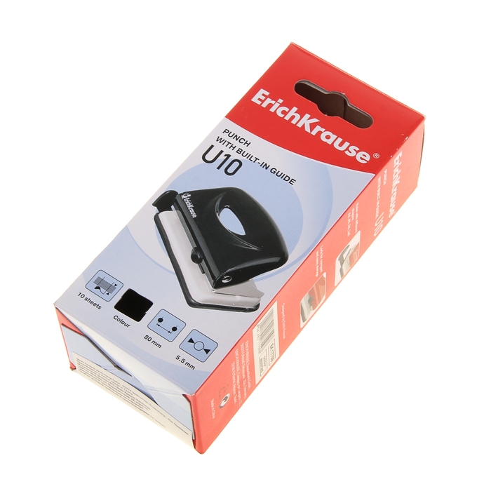 Дырокол до 10 листов Erich Krause U10, диаметр прокола 5.5мм, расстояние между проколами 80мм, микс