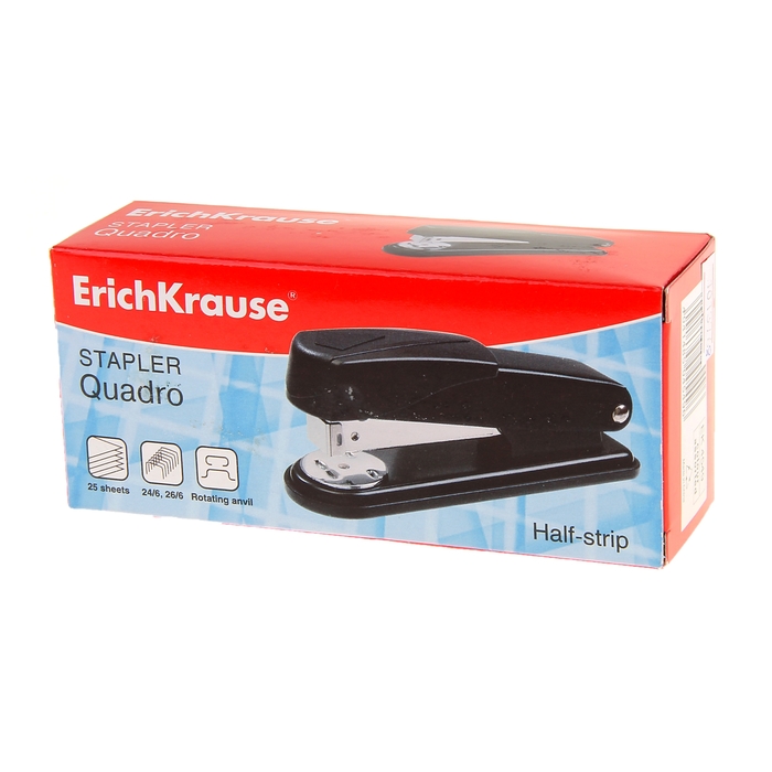 Степлер №24/6, 26/6 до 30 листов Erich Krause Quadro Half-strip, вмещает до 130 скоб, глубина закладки бумаги до 62мм, микс