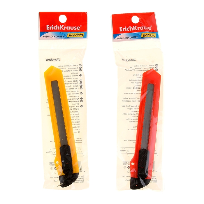 Нож канцелярский 18мм Erich Krause STANDARD, с системой фиксации лезвия push-lock и насадкой для безопасного отделения сегмента лезвия, микс