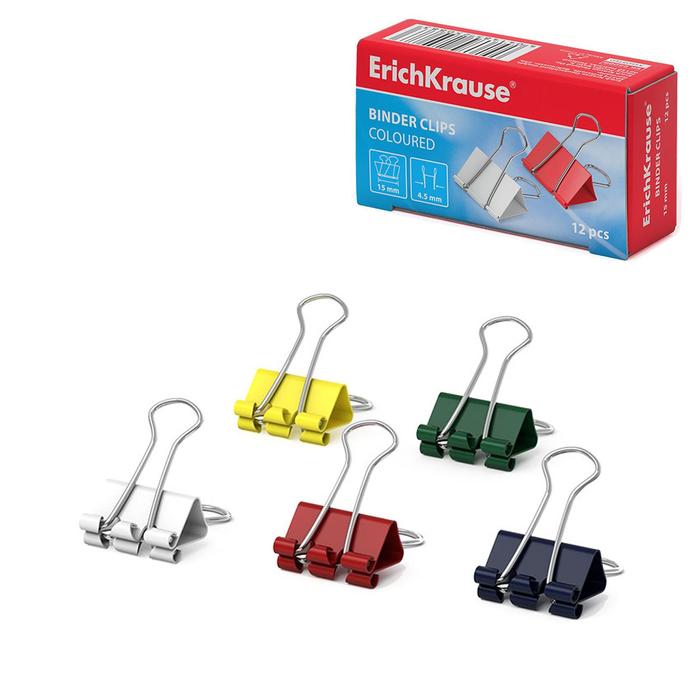 Набор зажимов для бумаг 15 мм, 12 шт., в картонной коробке, цветные, ErichKrause набор зажимов для бумаг 15 мм 12 шт в упаковке неоновые цвета