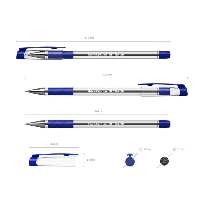 фото Ручка шариковая erichkrause ultra-30, узел-игла 0.7 мм, чернила синие, резиновый упор, длина линии письма 2000 метров
