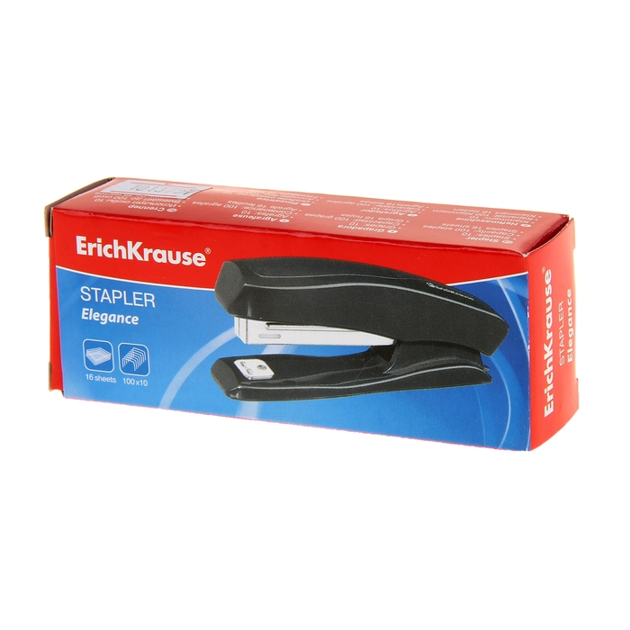 Степлер №10 до 20 листов Erich Krause Elegance, чёрный, встроенный антистеплер, вмещает до 100 скоб, глубина закладки бумаги до 51мм