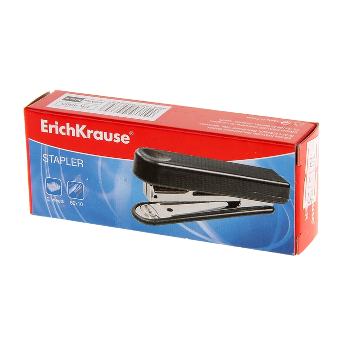 Степлер №10 до 15 листов Erich Krause, чёрный, встроенный антистеплер, вмещает до 50 скоб, глубина закладки бумаги до 51мм