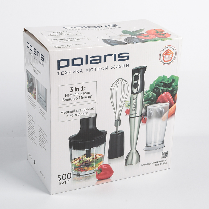 Блендер ручной Polaris PHB 0510A, 500 Вт, измельчитель 0.5 л, венчик, серебристый