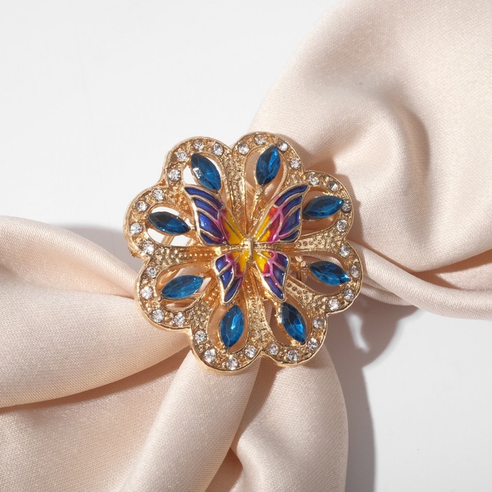 Кольцо для платка «Цветок» с бабочкой, цветное в золоте