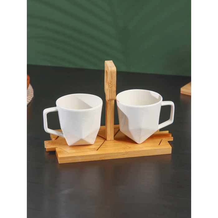 Набор фарфоровых кружек на бамбуковой подставке BellaTenero, 4 предмета: 2 кружки 220 мл, 2 подставки, цвет белый