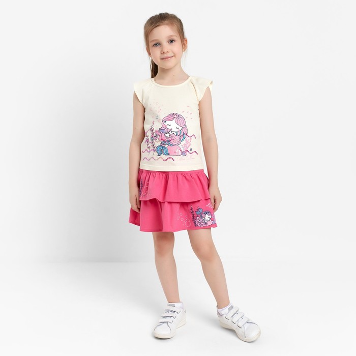 Комплект (футболка/юбка) для девочки, цвет светло-бежевый/розовый, рост 98 см