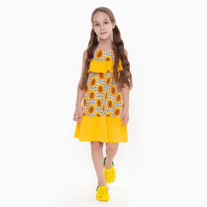платье для девочки цвет светло бежевый жёлтый рост 122 см Сарафан для девочки, цвет светло-бежевый/жёлтый, рост 122 см