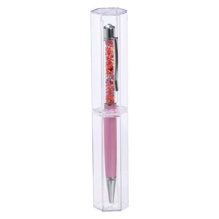 Ручка подарочная шариковая в пластиковом футляре поворотная Стразы ассорти розовая с сереб