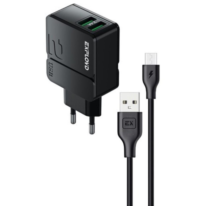 фото Сетевое зарядное устройство exployd ex-z-1440, 2 usb, 2.4 а, кабель microusb, черное