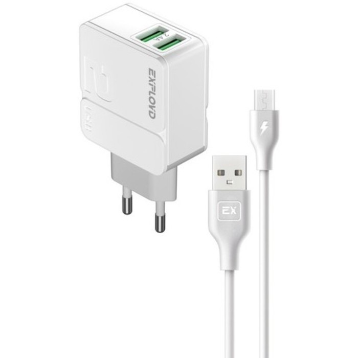Сетевое зарядное устройство Exployd EX-Z-1441, 2 USB, 2.4 А, кабель microUSB, белое сетевое зарядное устройство exployd ex z 1432 2 usb 2 4 а кабель microusb черное