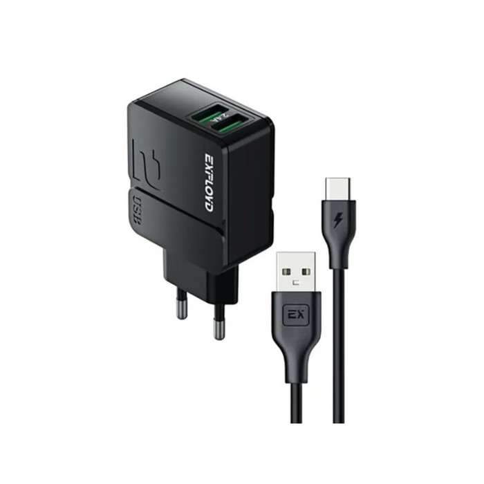 Сетевое зарядное устройство Exployd EX-Z-1442, 2 USB, 2.4 А, кабель Type-C, черное