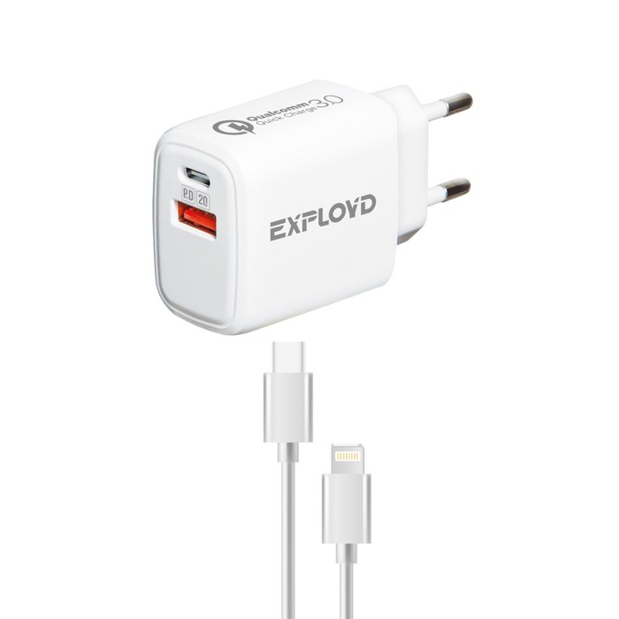 фото Сетевое зарядное устройство exployd ex-z-1342, usb/usb-с, 3 а, 20вт, кабель lightning, qc3.0