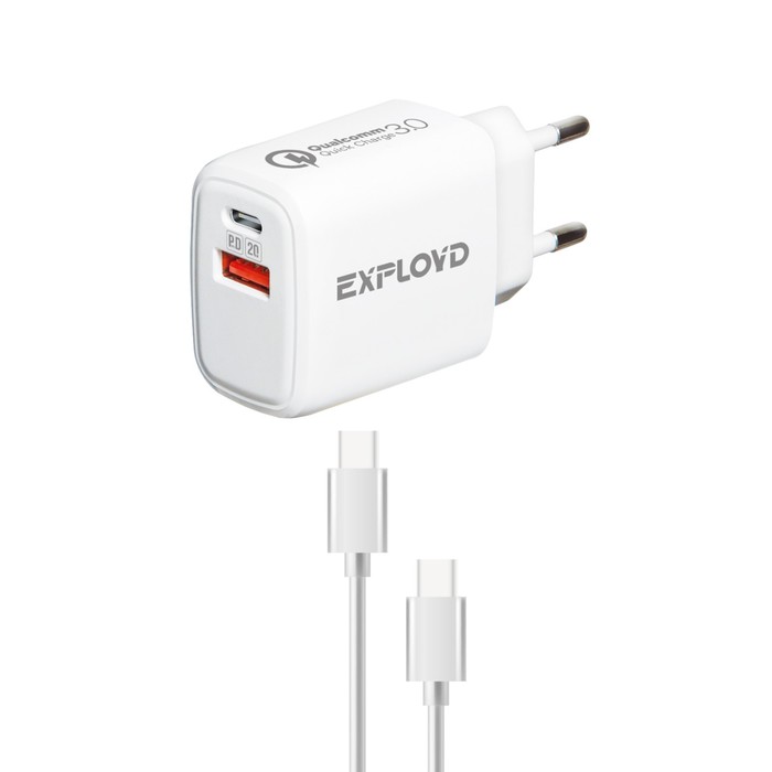 

Сетевое зарядное устройство Exployd EX-Z-1341, USB-С/USB, 3 А, 20 Вт, кабель Type-C, белое