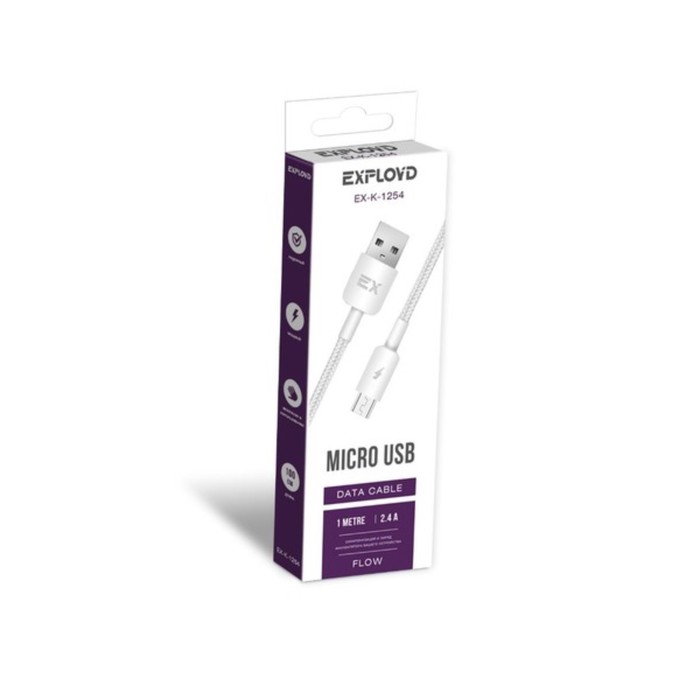 

Кабель Exployd EX-K-1254, microUSB - USB, 2.4 А, 1 м, нейлоновая оплетка, белый