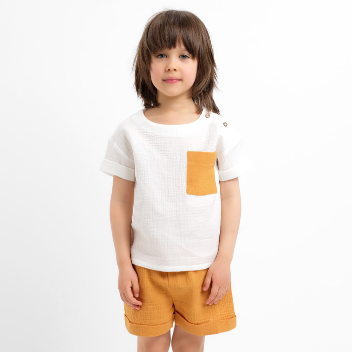 Костюм (футболка и шорты ) детский KAFTAN Муслин, р.28 (86-92см) белый/горчичный