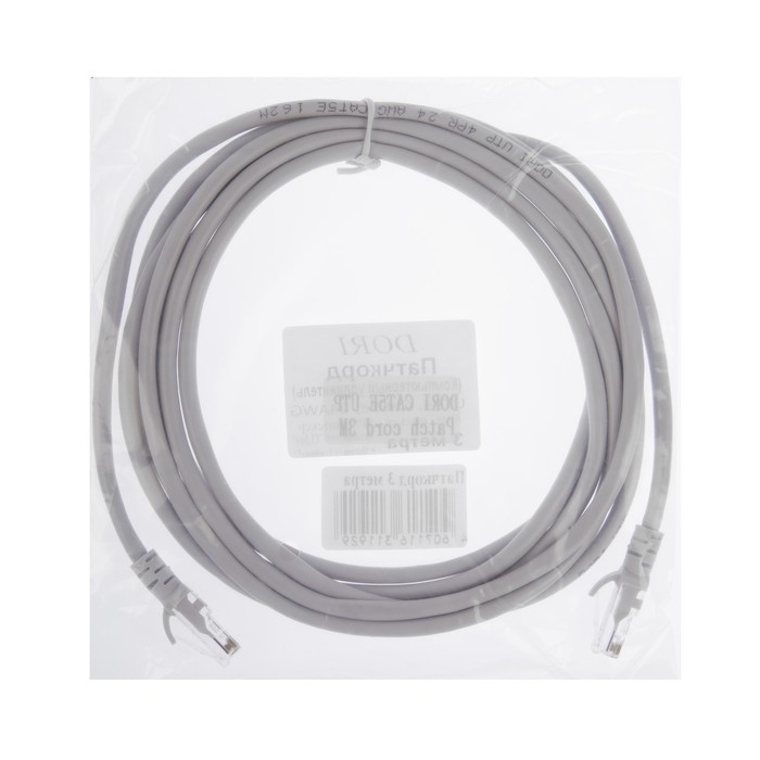 

Патч-корд DORI, UTP 4 кат., RJ-45(m)-RJ-45(m), 3 м, серый