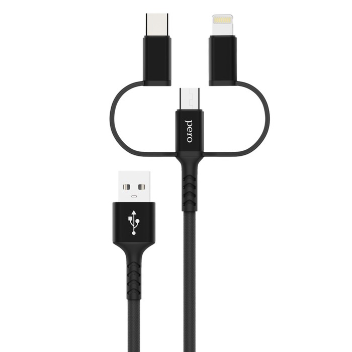 

Кабель 3 в 1 PERO DC-06 Universal, USB - microUSB/Lightning/Type-C, 2.4 А, 2 м, черный