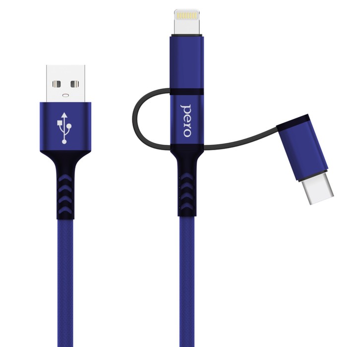 

Кабель 3 в 1 PERO DC-06 Universal, USB - microUSB/Lightning/Type-C, 3 А, 1 м, синий