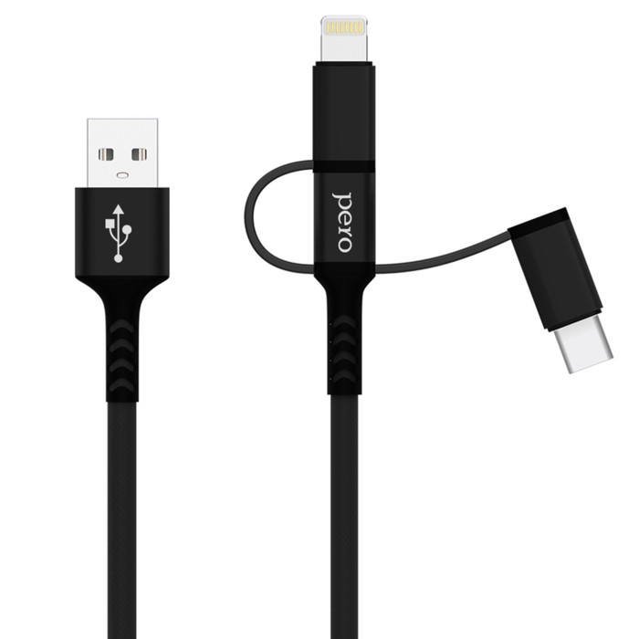 

Кабель 3 в 1 PERO DC-06 Universal, USB - microUSB/Lightning/Type-C, 3 А, 1 м, черный