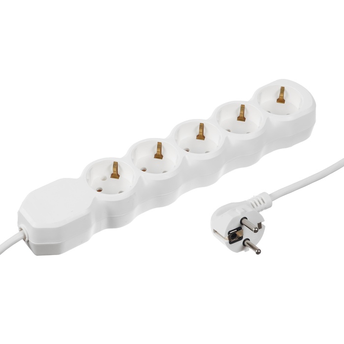 Удлинитель Luazon Lighting ECO,5 розеток,2 м,10 А,2200 Вт,ПВС 3х0.75мм2, с з/к белый