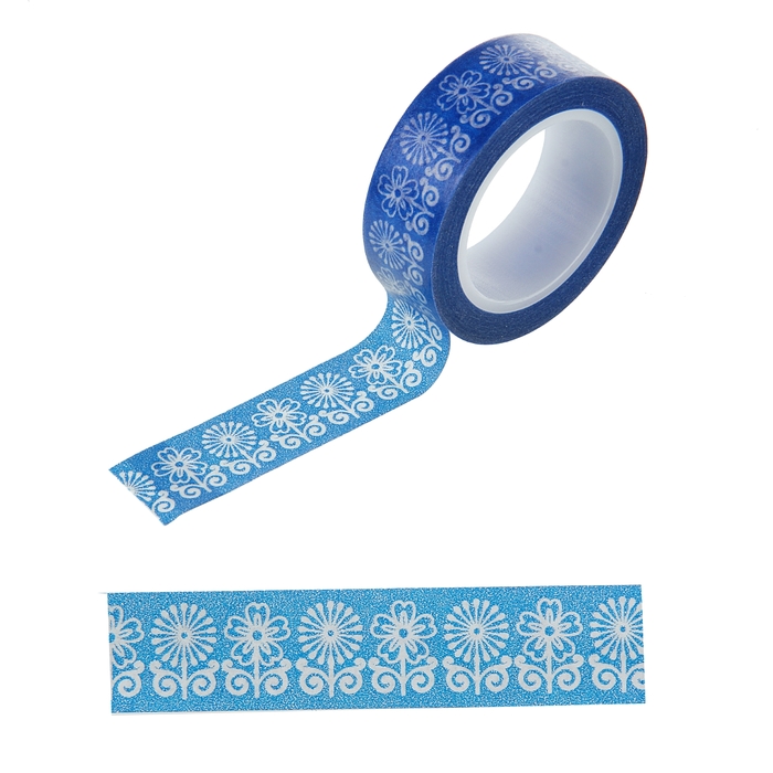 Клейкая лента декоративная бумажная "Синий цветочный контур"
