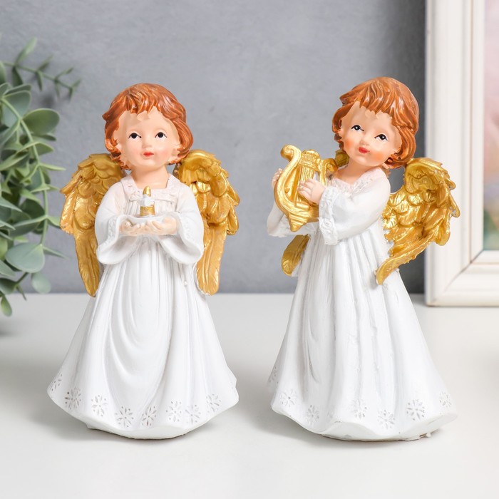 Сувенир полистоун Праздничный ангел в белом платье золотые крылья МИКС 9,5х7х15 см цена и фото