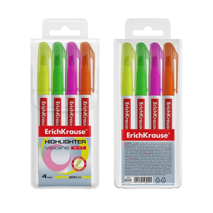 Набор маркеров текстовыделителей 4 цвета, ErichKrause Liquid Visioline V-11, 0,6-5,0 мм, чернила на водной основе