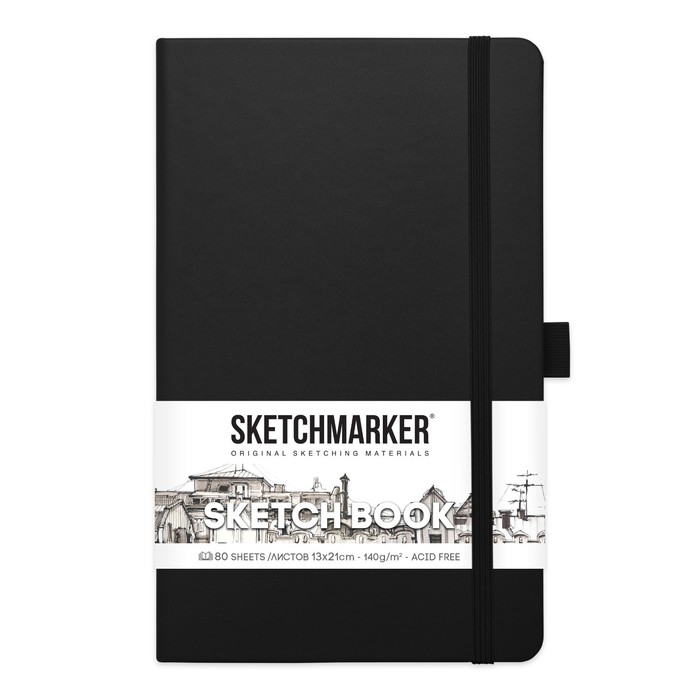 

Скетчбук Sketchmarker, 130 х 210 мм, 80 листов, твёрдая обложка из искусственной кожи, чёрный, блок 140 г/м2