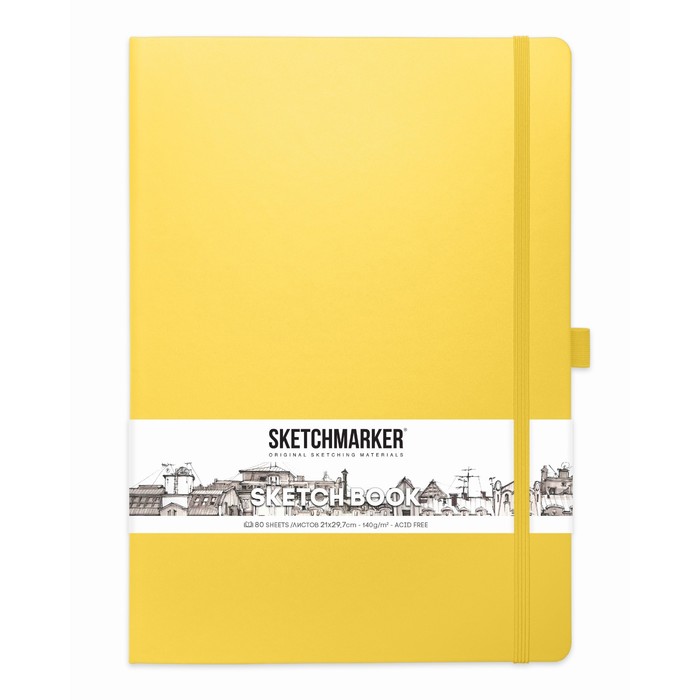 Скетчбук Sketchmarker, 210 х 300 мм, 80 листов, твёрдая обложка из искусственной кожи, лимонный, блок 140 г/м2