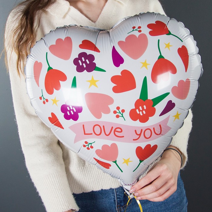 фото Шар фольгированный 18" сердце "love you (цветочки)", 1 шт в инд. уп. falali