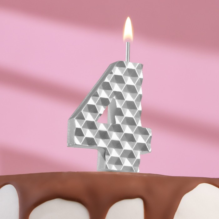 Свеча в торт на шпажке Соты, цифра 4, 7 см, серебро
