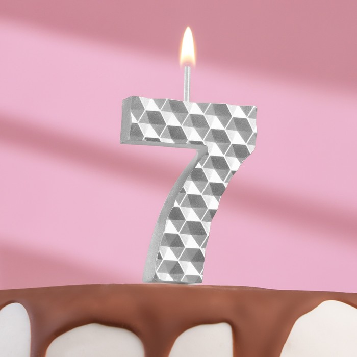 Свеча в торт на шпажке Соты, цифра 7, 7 см, серебро