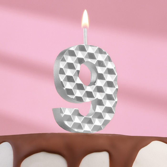 Свеча в торт на шпажке Соты, цифра 9, 7 см, серебро