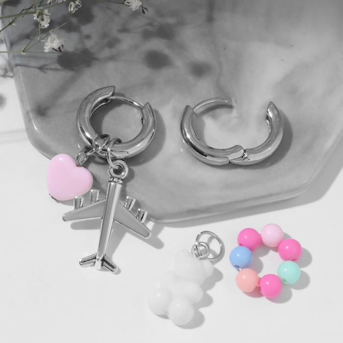 Серьги со съёмным элементом "Трансформер" мишка и сердце, цветные в серебре