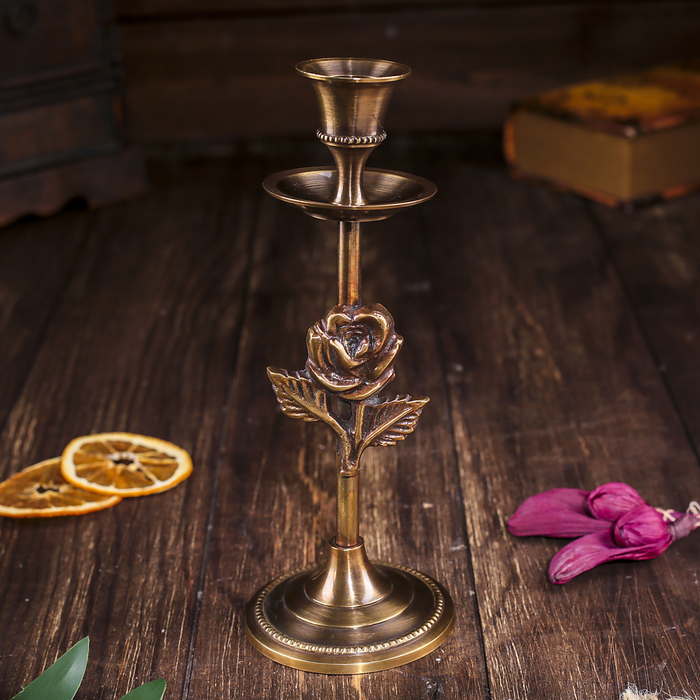 Подсвечник на 1 свечу "Роза" антик, латунь, 19 см