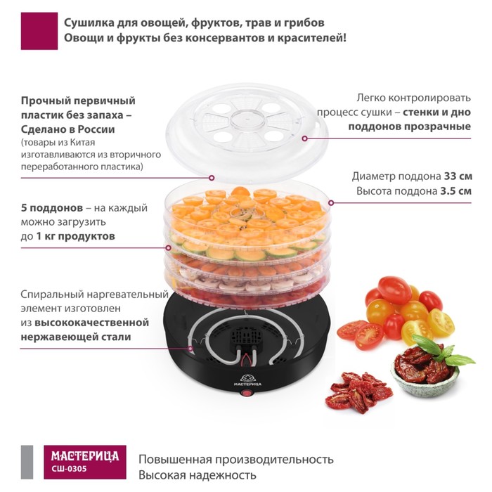 

Сушилка для овощей и фруктов «‎‎Мастерица СШ-0305», 150 Вт, 5 ярусов, цвет чёрный