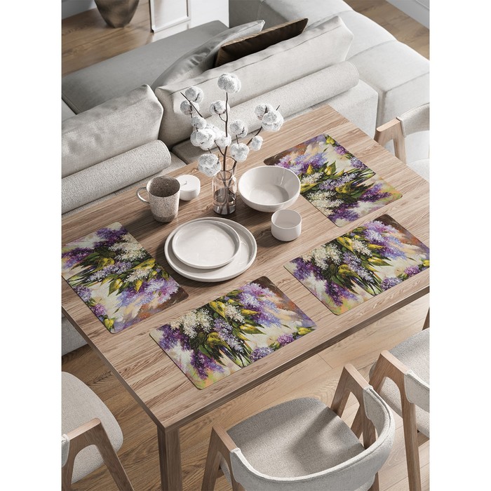 

Комплект салфеток для сервировки стола «Букет сирени», прямоугольные, закруглённые края, размер 30х46 см, 4 шт